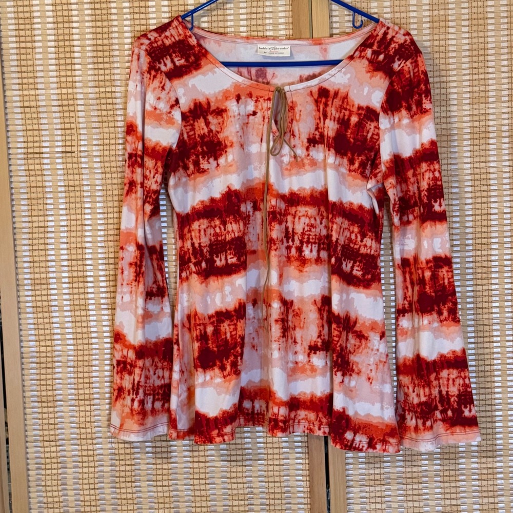 Bobbie Brooks Orange Red Tie Dye Long Sleeve Tie Front Top Medium Flare Sleeve